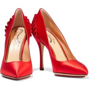 New Charlotte Olympia Blake 110 Pleated Red Silk Satin Pumps size 36